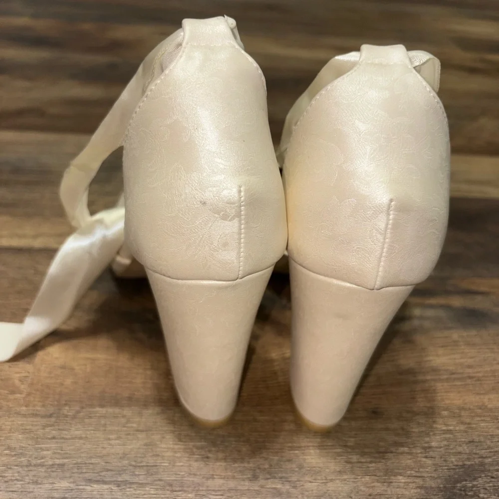 Ivory Satin Jacquard Bridal Heels with Ribbon Tie - Picture 5 of 8
